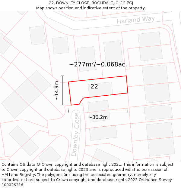 22, DOWNLEY CLOSE, ROCHDALE, OL12 7GJ: Plot and title map