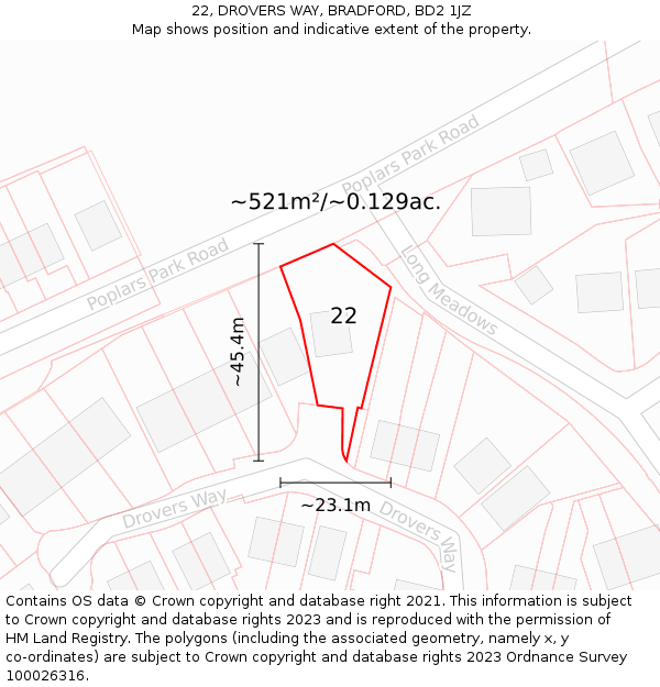 22, DROVERS WAY, BRADFORD, BD2 1JZ: Plot and title map