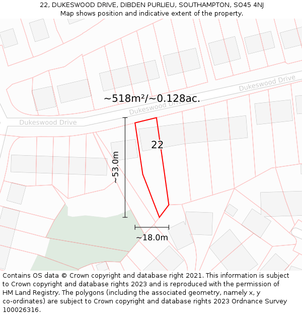 22, DUKESWOOD DRIVE, DIBDEN PURLIEU, SOUTHAMPTON, SO45 4NJ: Plot and title map