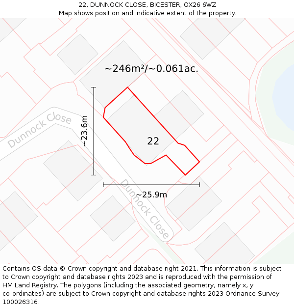 22, DUNNOCK CLOSE, BICESTER, OX26 6WZ: Plot and title map
