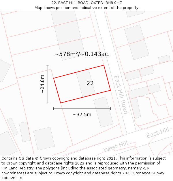 22, EAST HILL ROAD, OXTED, RH8 9HZ: Plot and title map