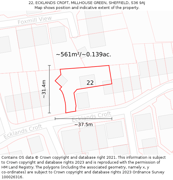 22, ECKLANDS CROFT, MILLHOUSE GREEN, SHEFFIELD, S36 9AJ: Plot and title map