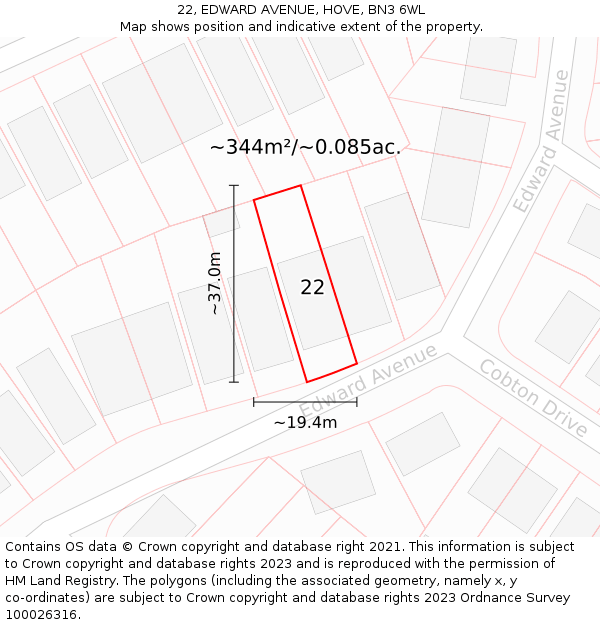 22, EDWARD AVENUE, HOVE, BN3 6WL: Plot and title map