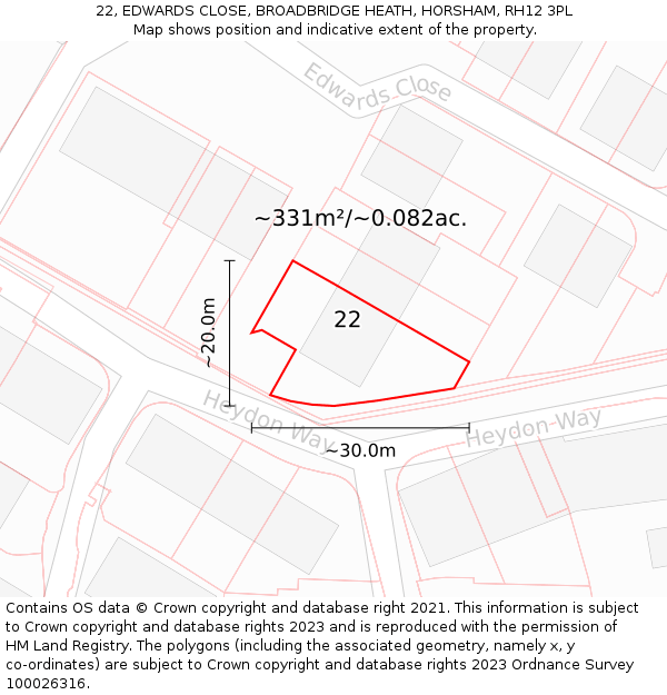 22, EDWARDS CLOSE, BROADBRIDGE HEATH, HORSHAM, RH12 3PL: Plot and title map