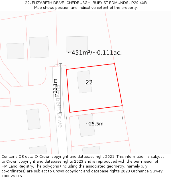 22, ELIZABETH DRIVE, CHEDBURGH, BURY ST EDMUNDS, IP29 4XB: Plot and title map