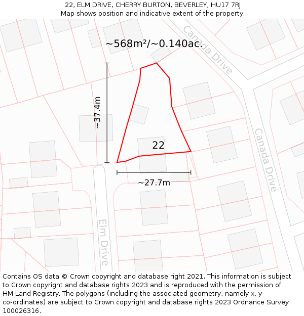 22, ELM DRIVE, CHERRY BURTON, BEVERLEY, HU17 7RJ: Plot and title map