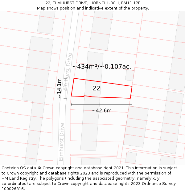 22, ELMHURST DRIVE, HORNCHURCH, RM11 1PE: Plot and title map