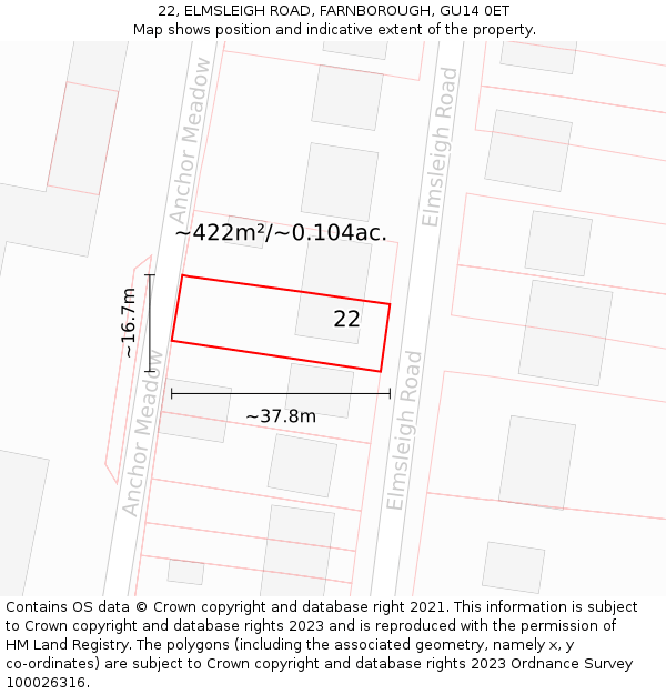 22, ELMSLEIGH ROAD, FARNBOROUGH, GU14 0ET: Plot and title map