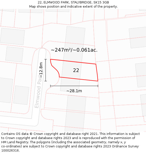 22, ELMWOOD PARK, STALYBRIDGE, SK15 3GB: Plot and title map