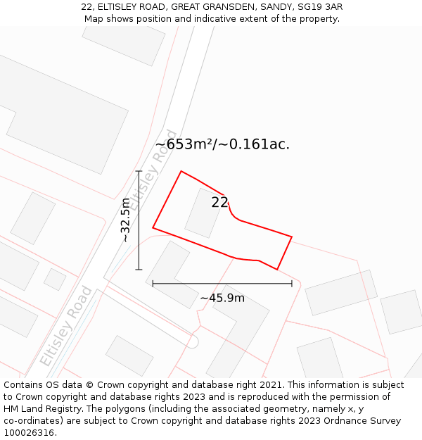 22, ELTISLEY ROAD, GREAT GRANSDEN, SANDY, SG19 3AR: Plot and title map