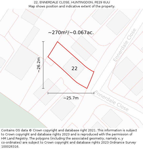 22, ENNERDALE CLOSE, HUNTINGDON, PE29 6UU: Plot and title map