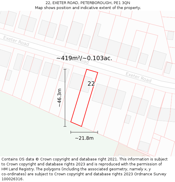 22, EXETER ROAD, PETERBOROUGH, PE1 3QN: Plot and title map