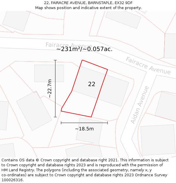 22, FAIRACRE AVENUE, BARNSTAPLE, EX32 9DF: Plot and title map