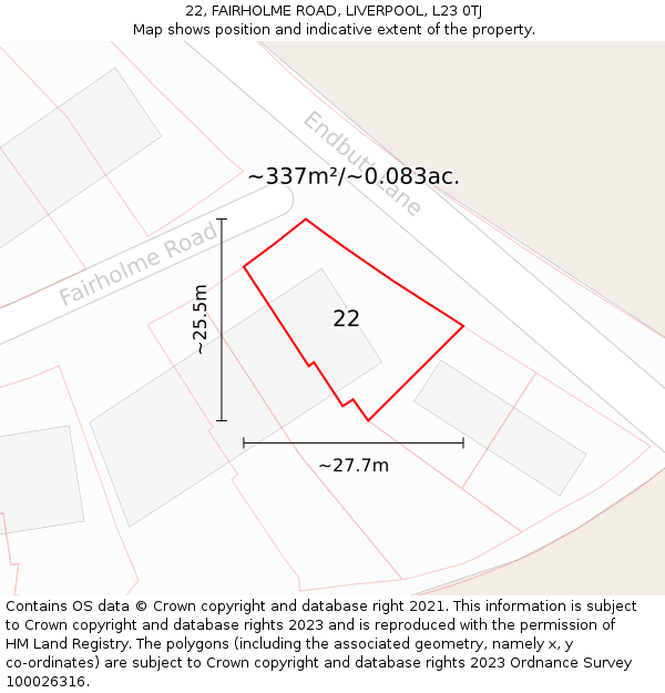 22, FAIRHOLME ROAD, LIVERPOOL, L23 0TJ: Plot and title map