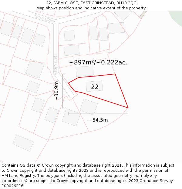 22, FARM CLOSE, EAST GRINSTEAD, RH19 3QG: Plot and title map