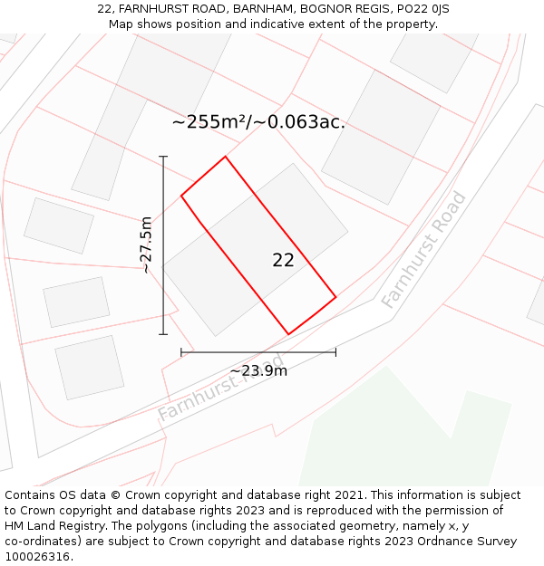 22, FARNHURST ROAD, BARNHAM, BOGNOR REGIS, PO22 0JS: Plot and title map