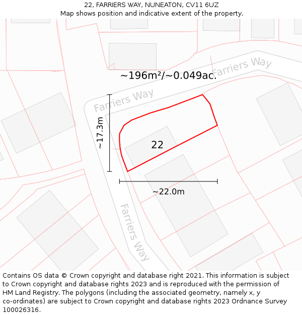 22, FARRIERS WAY, NUNEATON, CV11 6UZ: Plot and title map