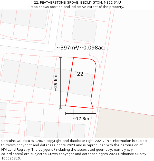 22, FEATHERSTONE GROVE, BEDLINGTON, NE22 6NU: Plot and title map