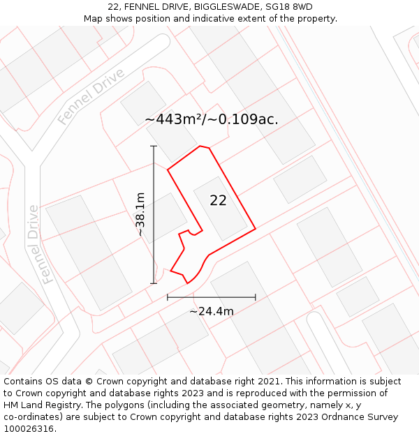 22, FENNEL DRIVE, BIGGLESWADE, SG18 8WD: Plot and title map