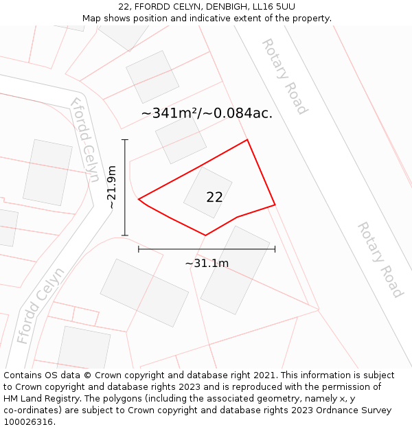 22, FFORDD CELYN, DENBIGH, LL16 5UU: Plot and title map