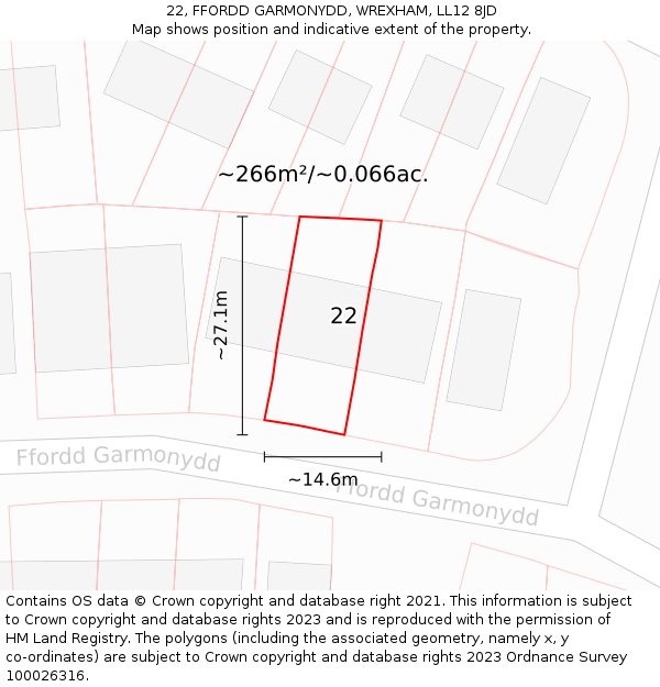 22, FFORDD GARMONYDD, WREXHAM, LL12 8JD: Plot and title map