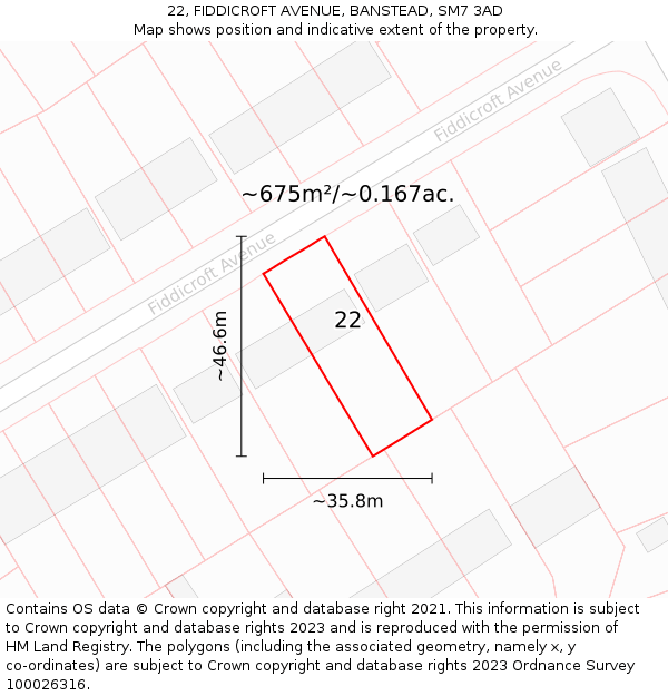 22, FIDDICROFT AVENUE, BANSTEAD, SM7 3AD: Plot and title map