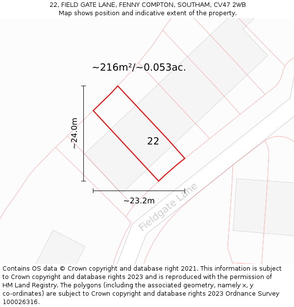 22, FIELD GATE LANE, FENNY COMPTON, SOUTHAM, CV47 2WB: Plot and title map