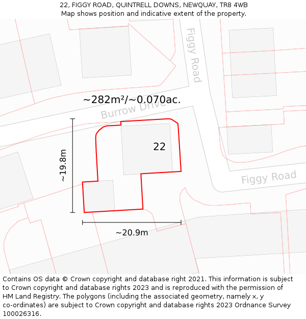 22, FIGGY ROAD, QUINTRELL DOWNS, NEWQUAY, TR8 4WB: Plot and title map