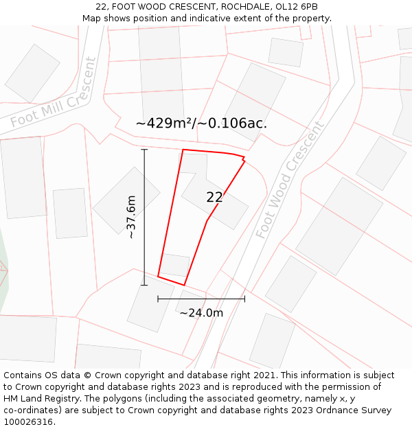 22, FOOT WOOD CRESCENT, ROCHDALE, OL12 6PB: Plot and title map