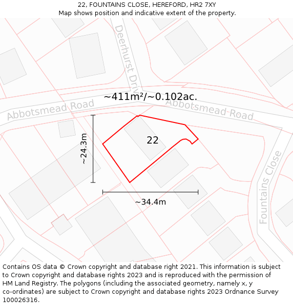 22, FOUNTAINS CLOSE, HEREFORD, HR2 7XY: Plot and title map