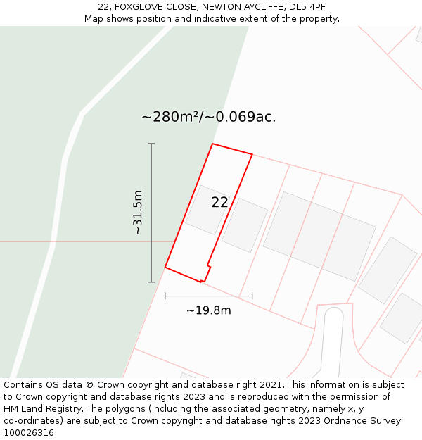 22, FOXGLOVE CLOSE, NEWTON AYCLIFFE, DL5 4PF: Plot and title map