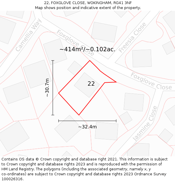 22, FOXGLOVE CLOSE, WOKINGHAM, RG41 3NF: Plot and title map