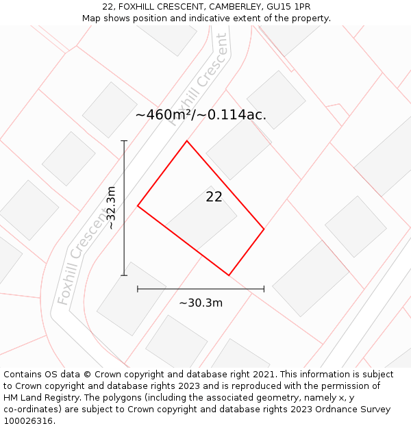 22, FOXHILL CRESCENT, CAMBERLEY, GU15 1PR: Plot and title map