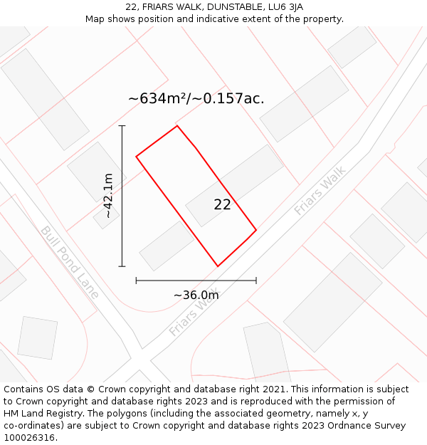 22, FRIARS WALK, DUNSTABLE, LU6 3JA: Plot and title map