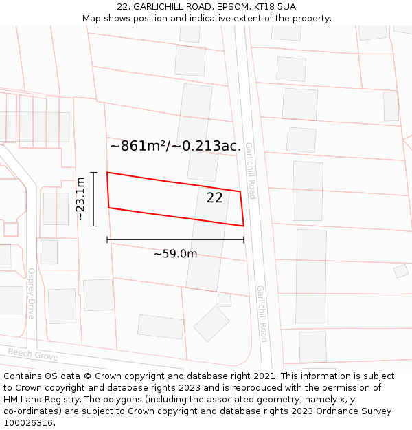 22, GARLICHILL ROAD, EPSOM, KT18 5UA: Plot and title map