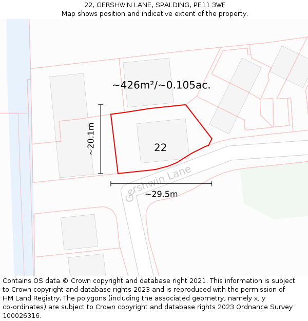 22, GERSHWIN LANE, SPALDING, PE11 3WF: Plot and title map