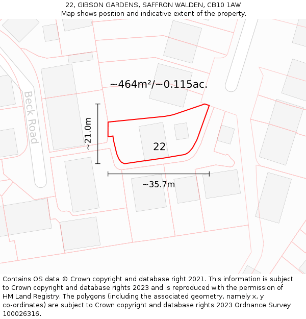 22, GIBSON GARDENS, SAFFRON WALDEN, CB10 1AW: Plot and title map