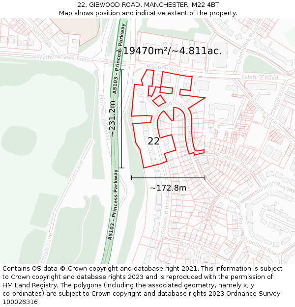 22, GIBWOOD ROAD, MANCHESTER, M22 4BT: Plot and title map