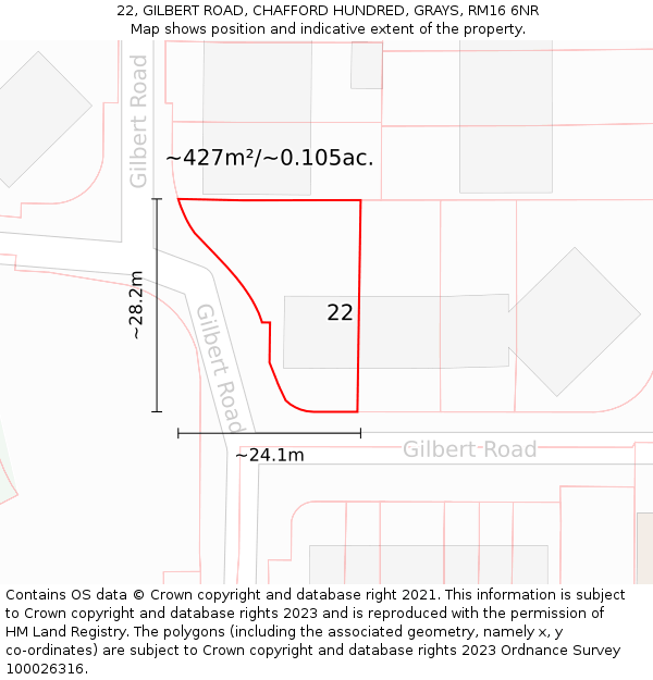 22, GILBERT ROAD, CHAFFORD HUNDRED, GRAYS, RM16 6NR: Plot and title map