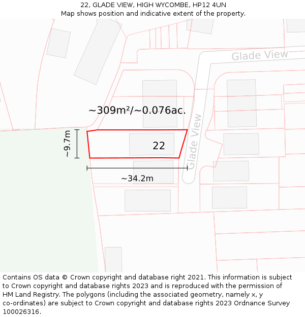 22, GLADE VIEW, HIGH WYCOMBE, HP12 4UN: Plot and title map