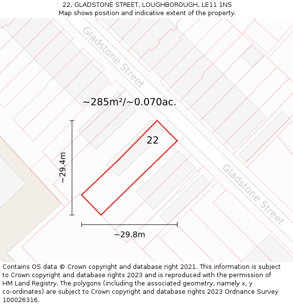 22, GLADSTONE STREET, LOUGHBOROUGH, LE11 1NS: Plot and title map
