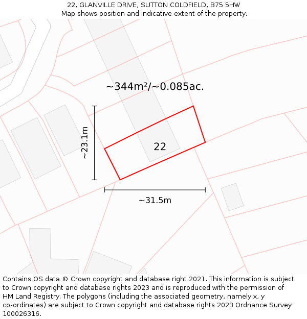 22, GLANVILLE DRIVE, SUTTON COLDFIELD, B75 5HW: Plot and title map