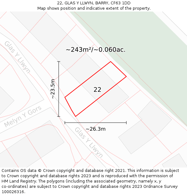 22, GLAS Y LLWYN, BARRY, CF63 1DD: Plot and title map