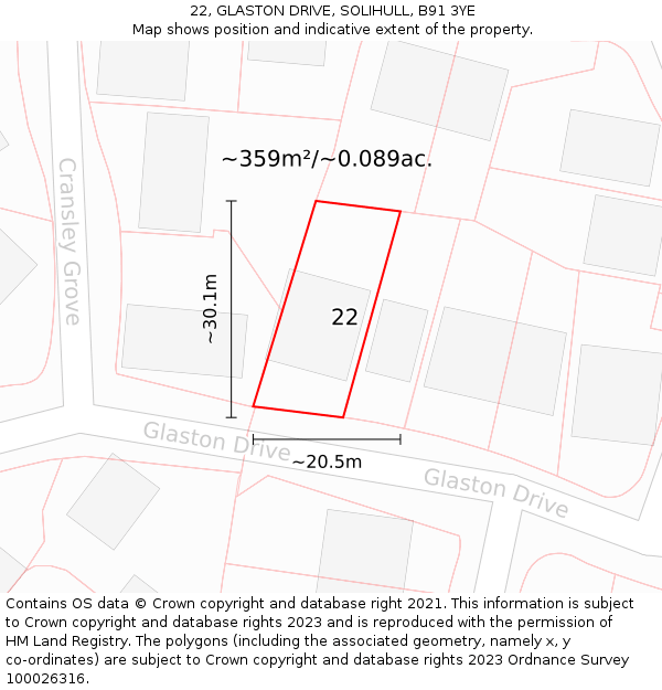 22, GLASTON DRIVE, SOLIHULL, B91 3YE: Plot and title map