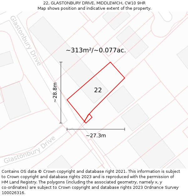 22, GLASTONBURY DRIVE, MIDDLEWICH, CW10 9HR: Plot and title map