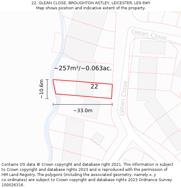 22, GLEAN CLOSE, BROUGHTON ASTLEY, LEICESTER, LE9 6WY: Plot and title map