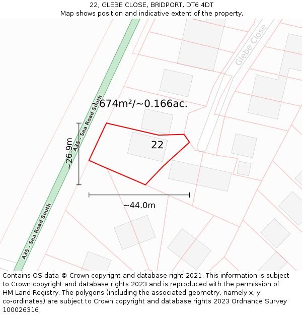22, GLEBE CLOSE, BRIDPORT, DT6 4DT: Plot and title map
