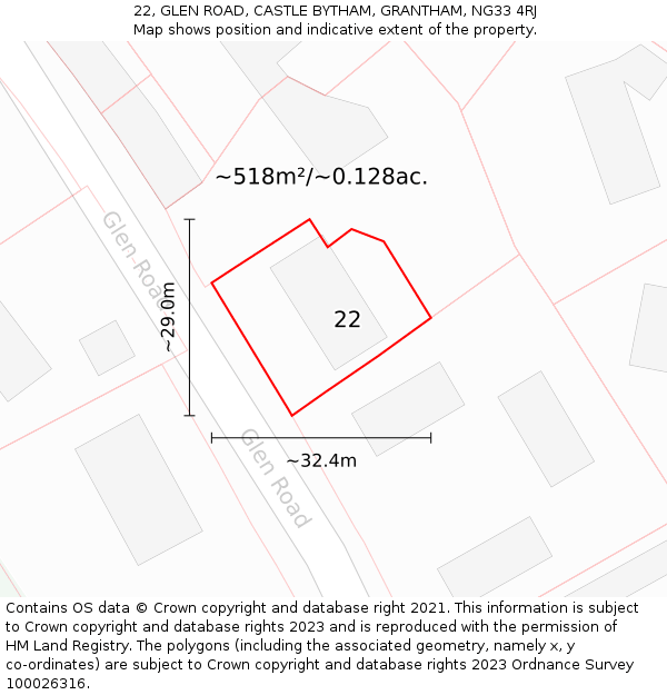 22, GLEN ROAD, CASTLE BYTHAM, GRANTHAM, NG33 4RJ: Plot and title map