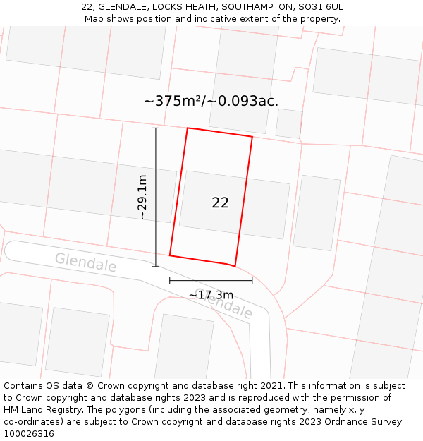 22, GLENDALE, LOCKS HEATH, SOUTHAMPTON, SO31 6UL: Plot and title map