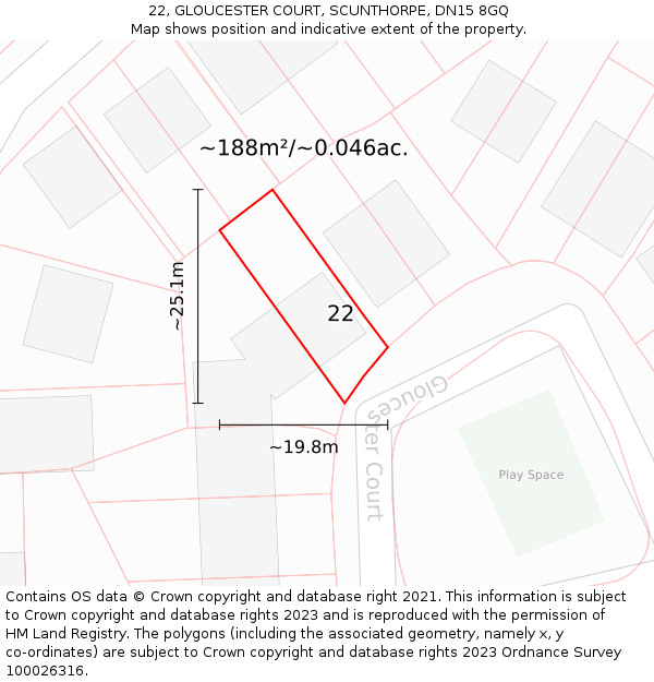 22, GLOUCESTER COURT, SCUNTHORPE, DN15 8GQ: Plot and title map